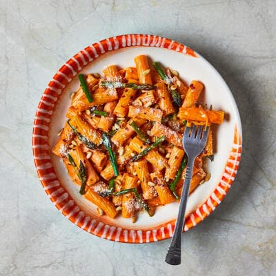 Garlic, Chilli & Cream Tortiglioni With Asparagus And Pine Nuts